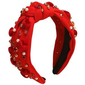 Red Velvet Hearts Gold Beads Pearl Rhinestones Headband Glamour Kidcore Kawaii